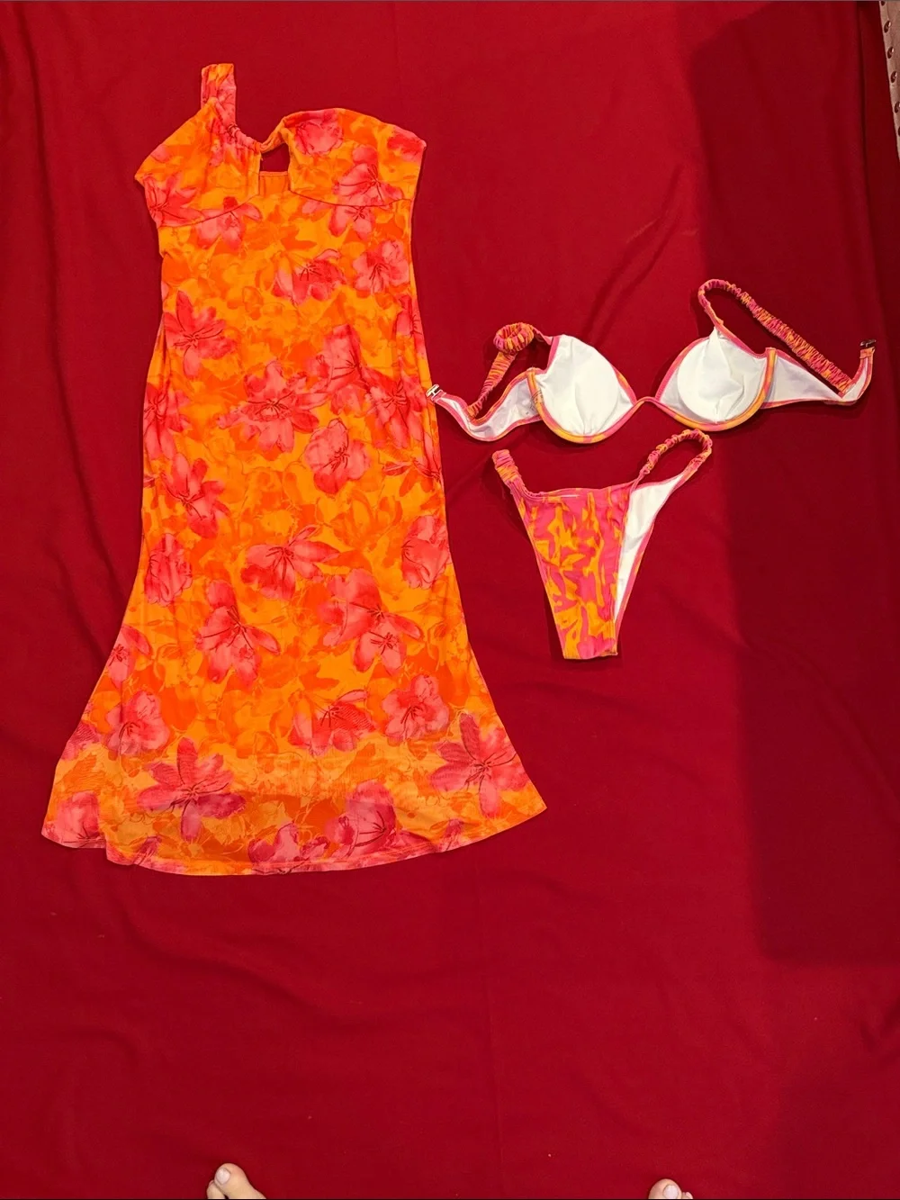 SHEIN Orange and Pink Floral Slip Dress with Matching Bikini Set